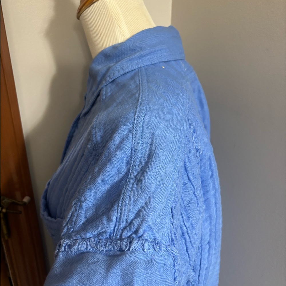 We The Free Button Up Shirt Blue Linen Blend Oversized Short Sleeve Collared - Picture 4 of 10